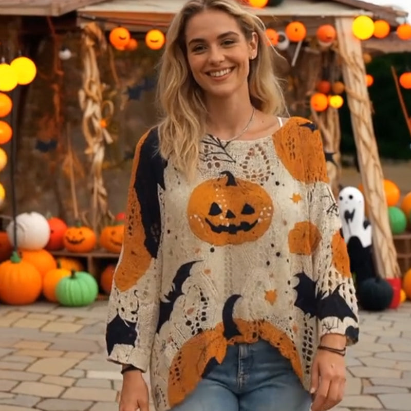 🎃 Witchy Cozy Vibes – Halloween-Kürbis-Strickpullover