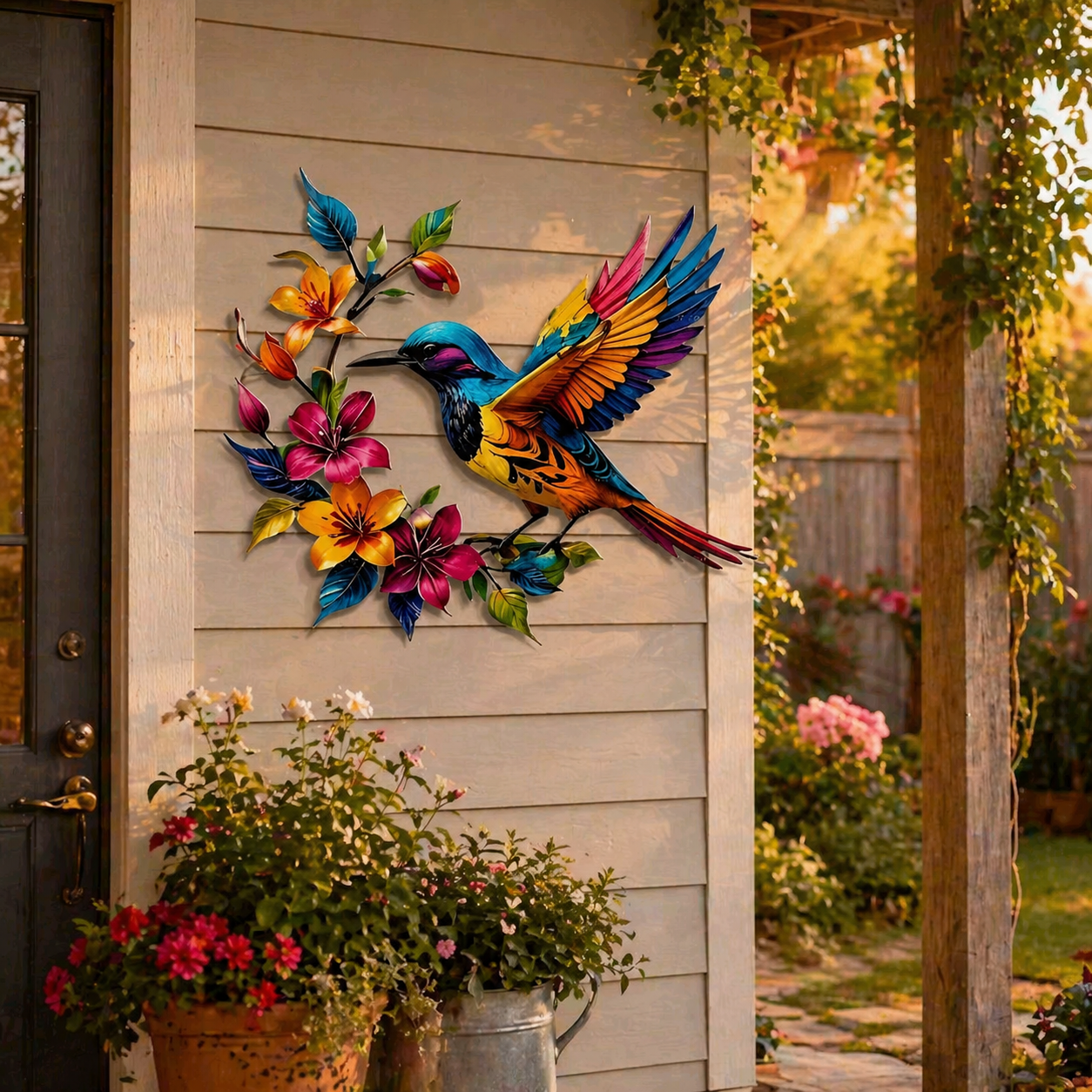 Kolibri-Blüten Wanddeko aus Metall