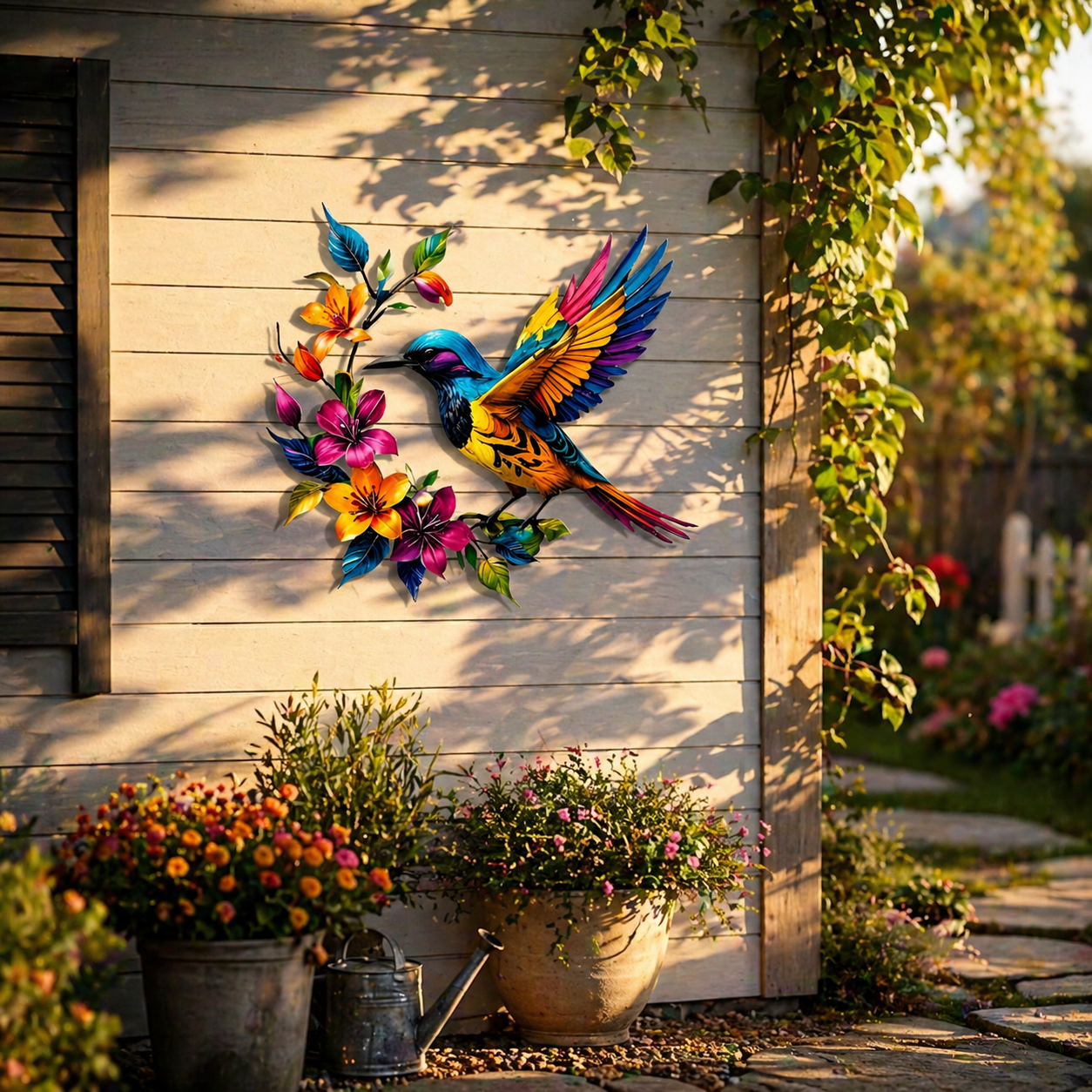 Kolibri-Blüten Wanddeko aus Metall