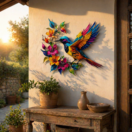 Kolibri-Blüten Wanddeko aus Metall
