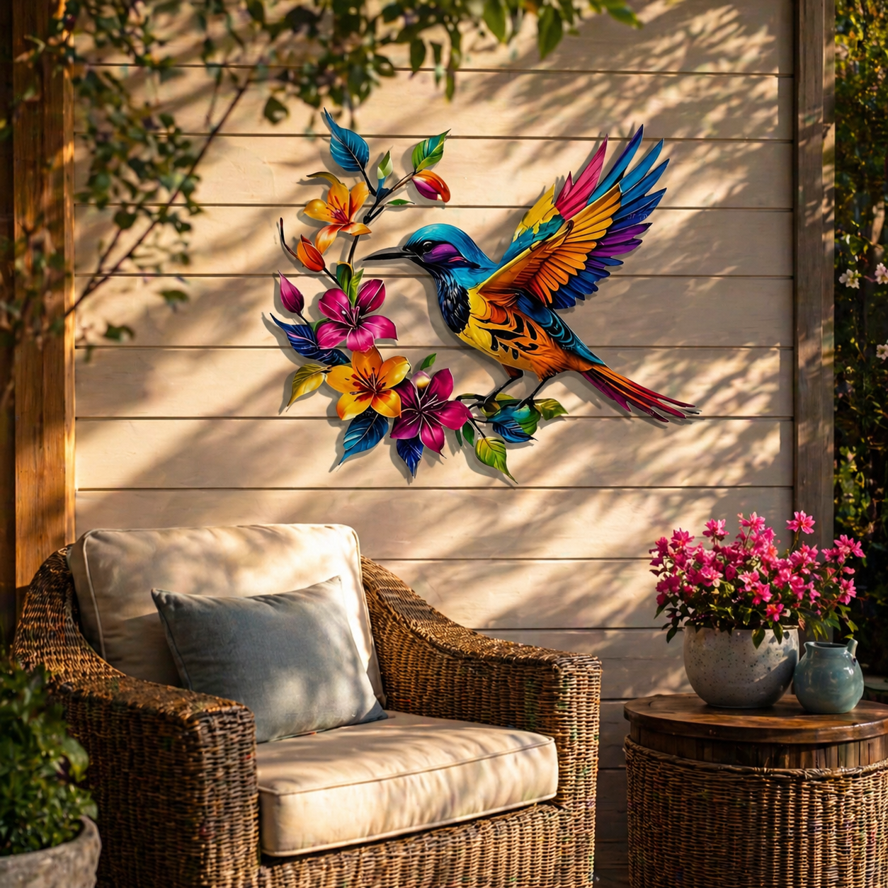 Kolibri-Blüten Wanddeko aus Metall