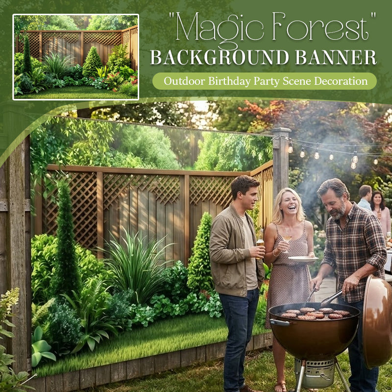 Hintergrundbanner „Magischer Wald“ mit Blumen und Schmetterlingen