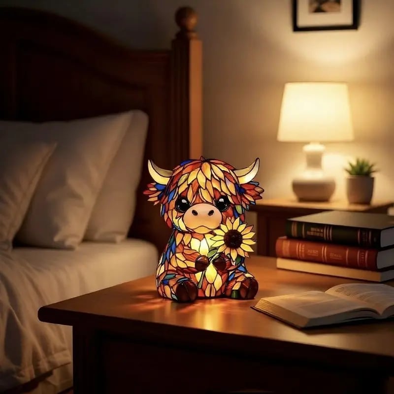 ✨ Kreatives LED-Nachtlicht in Form einer Hochlandkuh – Cartoon-Tierfigur aus Kunstharz für Zuhause – Niedliche Dekolampe für Kinder- und Wohnzimmer – Tisch- und Nachttischlampe – USB-betrieben