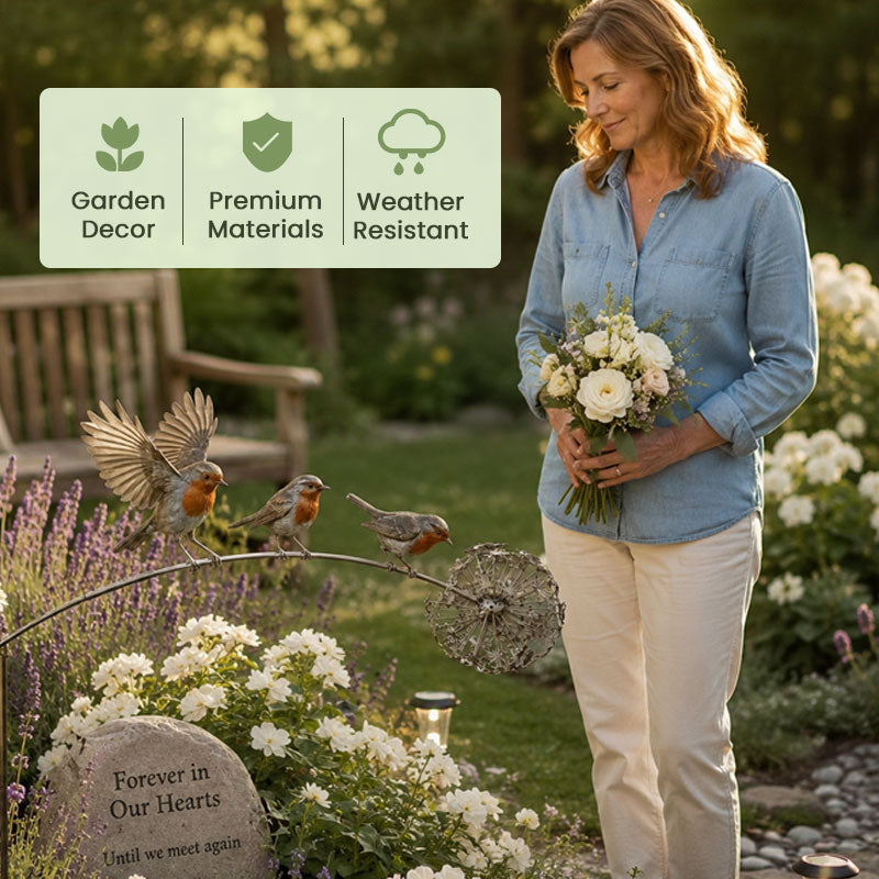Rotkehlchen Gartenstecker – Bedeutungsvolle Gartendeko mit Vögeln für Beet, Terrasse & Erinnerungsecken