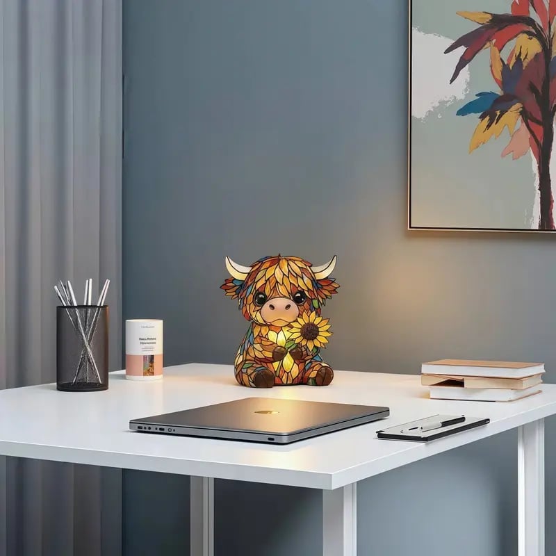 ✨ Kreatives LED-Nachtlicht in Form einer Hochlandkuh – Cartoon-Tierfigur aus Kunstharz für Zuhause – Niedliche Dekolampe für Kinder- und Wohnzimmer – Tisch- und Nachttischlampe – USB-betrieben