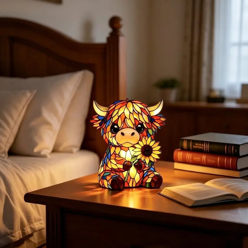 ✨ Kreatives LED-Nachtlicht in Form einer Hochlandkuh – Cartoon-Tierfigur aus Kunstharz für Zuhause – Niedliche Dekolampe für Kinder- und Wohnzimmer – Tisch- und Nachttischlampe – USB-betrieben