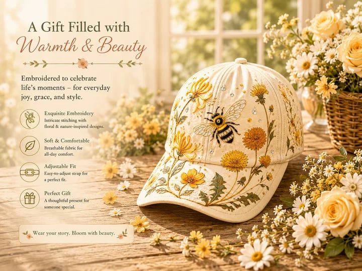 🧢🌼Garden Morning Baseball Cap – Bestickte Blumen-Cap mit Bienenmotiv