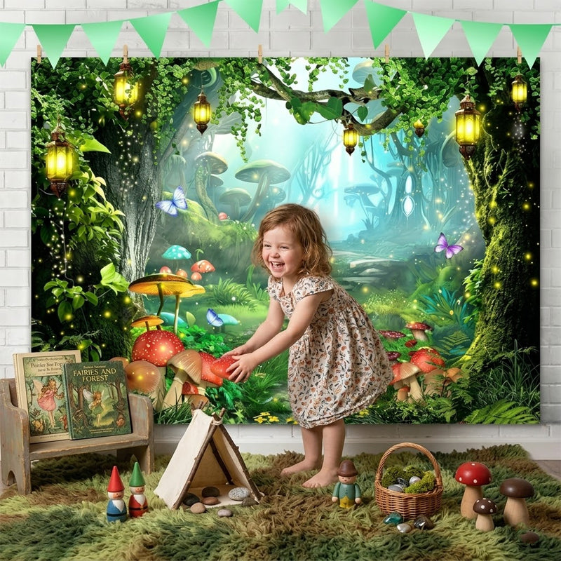 Hintergrundbanner „Magischer Wald“ mit Blumen und Schmetterlingen