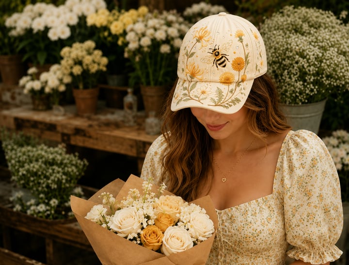 🧢🌼Garden Morning Baseball Cap – Bestickte Blumen-Cap mit Bienenmotiv
