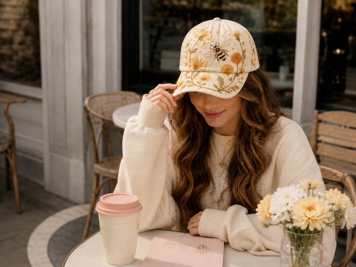 🧢🌼Garden Morning Baseball Cap – Bestickte Blumen-Cap mit Bienenmotiv