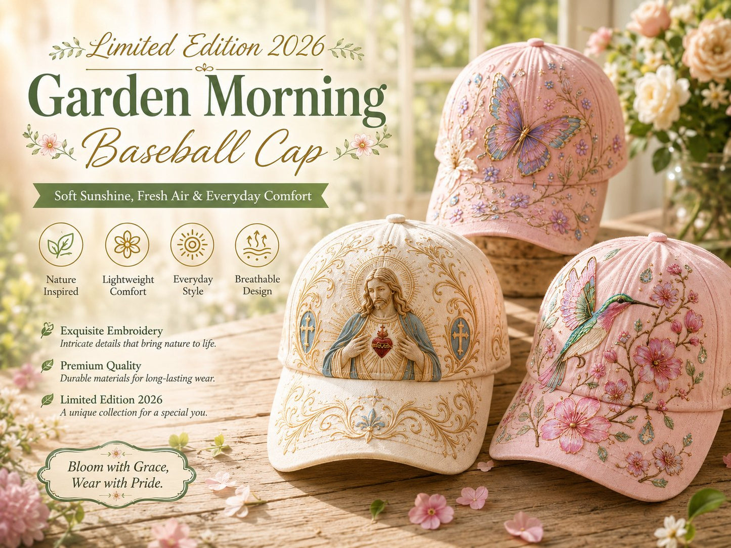 🧢🌼Garden Morning Baseball Cap – Bestickte Blumen-Cap mit Bienenmotiv