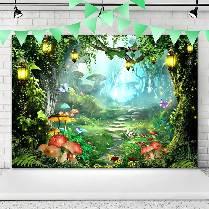 Hintergrundbanner „Magischer Wald“ mit Blumen und Schmetterlingen