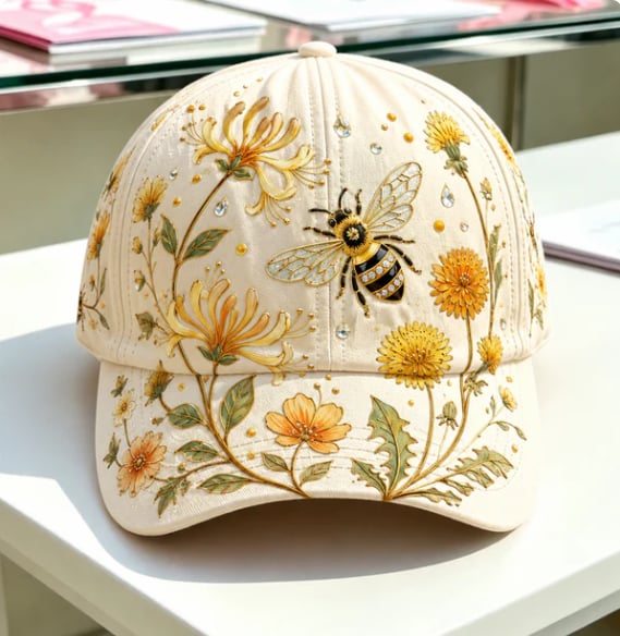 🧢🌼Garden Morning Baseball Cap – Bestickte Blumen-Cap mit Bienenmotiv
