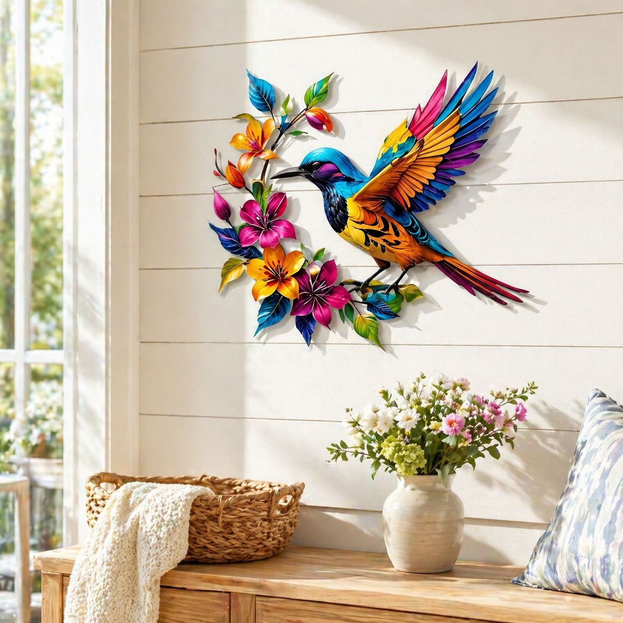 Kolibri-Blüten Wanddeko aus Metall