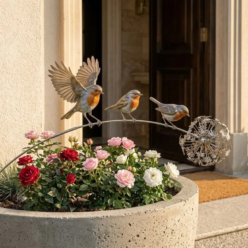 Rotkehlchen Gartenstecker – Bedeutungsvolle Gartendeko mit Vögeln für Beet, Terrasse & Erinnerungsecken
