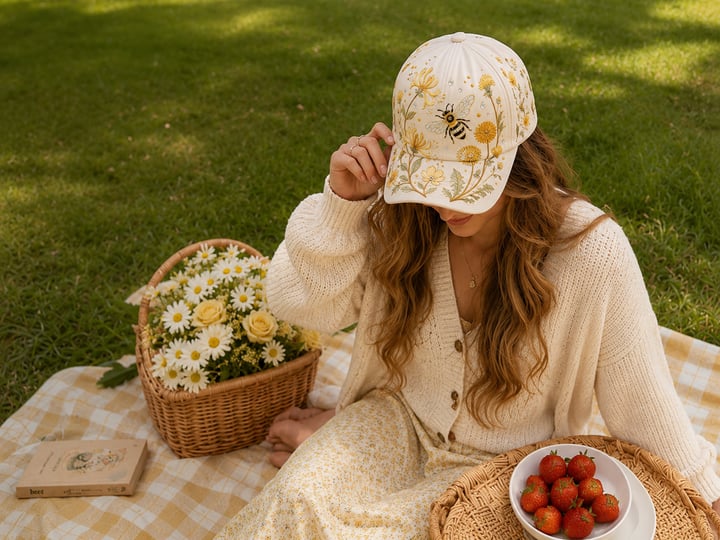 🧢🌼Garden Morning Baseball Cap – Bestickte Blumen-Cap mit Bienenmotiv