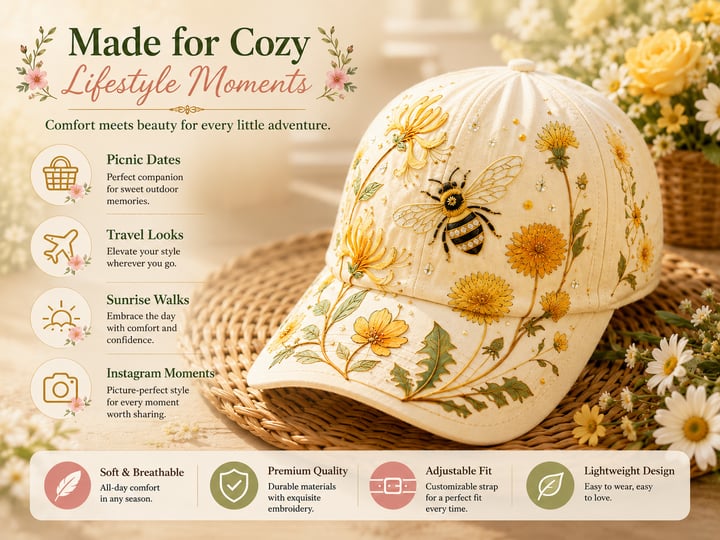 🧢🌼Garden Morning Baseball Cap – Bestickte Blumen-Cap mit Bienenmotiv
