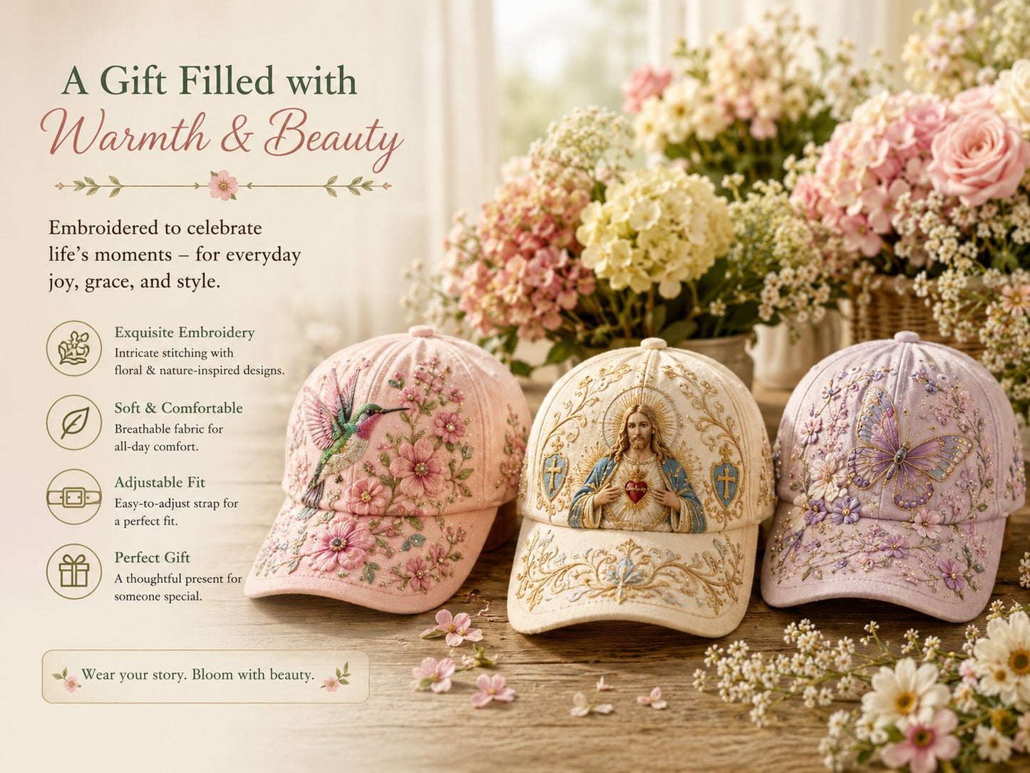 🧢🌼Garden Morning Baseball Cap – Bestickte Blumen-Cap mit Bienenmotiv