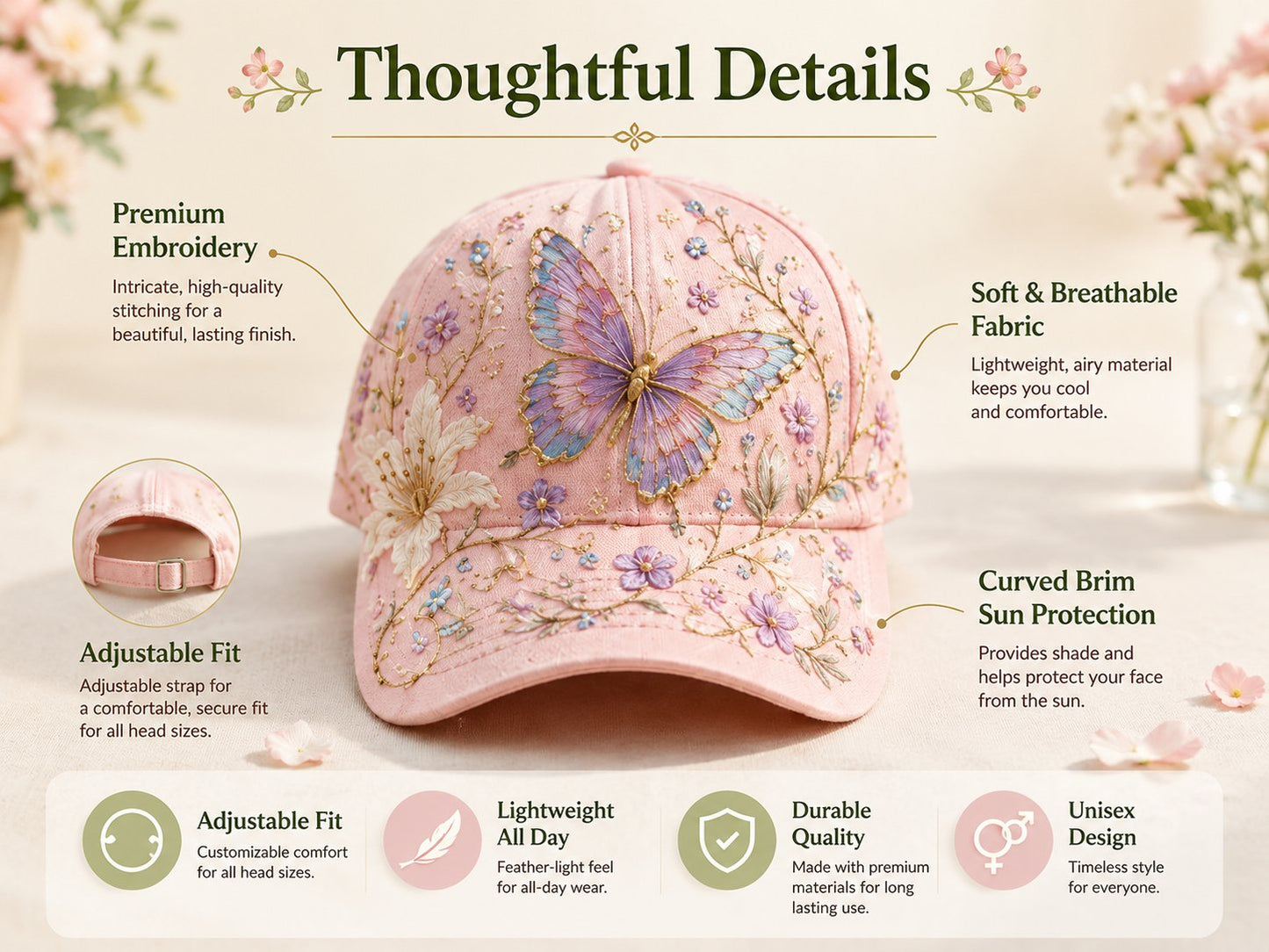 🧢🌼Garden Morning Baseball Cap – Bestickte Blumen-Cap mit Bienenmotiv