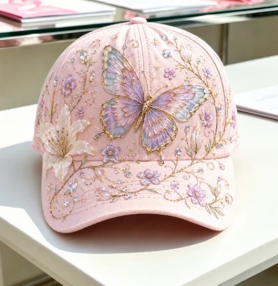 🧢🌼Garden Morning Baseball Cap – Bestickte Blumen-Cap mit Bienenmotiv