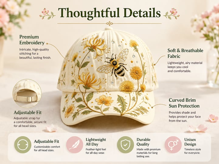 🧢🌼Garden Morning Baseball Cap – Bestickte Blumen-Cap mit Bienenmotiv